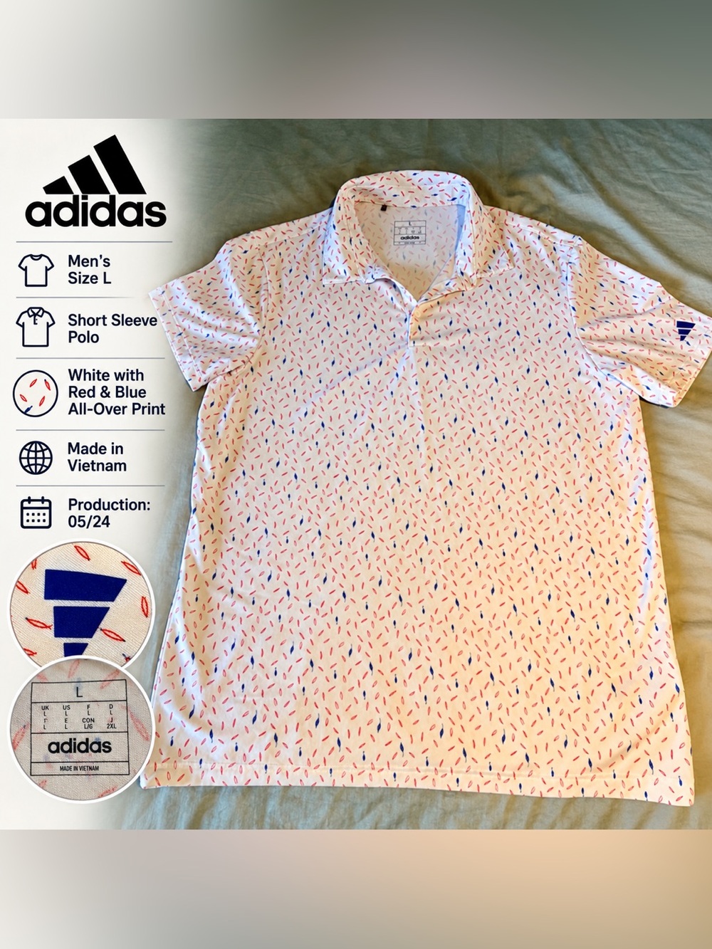 adidas Men’s White Polo with Red & Blue Micro Print